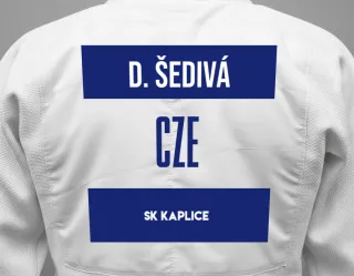 Judo GI with a backnumber showing the name Denisa šedivá from SK Kaplice