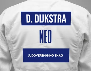 Judo GI with a backnumber showing the name Dennis Dijkstra from Judovereniging Thag