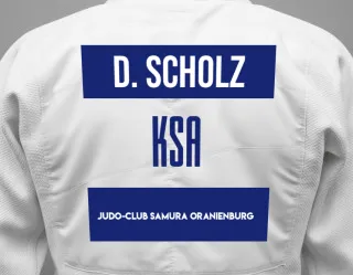 Judo GI with a backnumber showing the name Devin Scholz from Judo-Club Samura Oranienburg