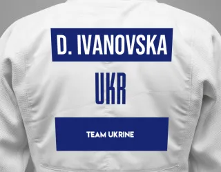 Judo GI with a backnumber showing the name Diana Ivanovska from Team Ukrine