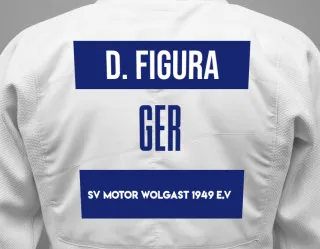Judo GI with a backnumber showing the name Diego Figura from SV Motor Wolgast 1949 e.V