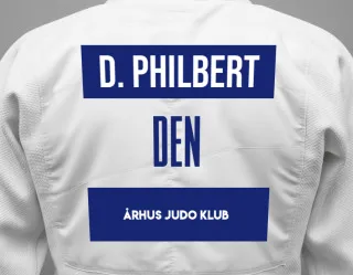 Judo GI with a backnumber showing the name Ditlev Philbert from Århus Judo Klub