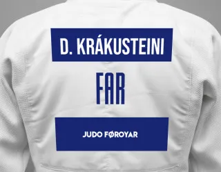 Judo GI with a backnumber showing the name Dánjal á Krákusteini from Judo Føroyar