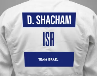Judo GI with a backnumber showing the name Dolev Shacham from Team Israel