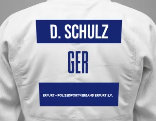 Judo GI with a backnumber showing the name Dominik Schulz from Erfurt - Polizeisportverband Erfurt e.V.