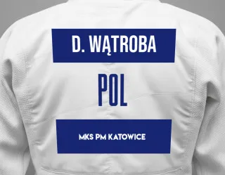Judo GI with a backnumber showing the name Dominika Wątroba from MKS PM Katowice