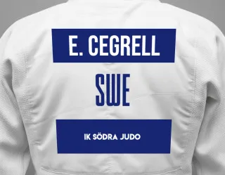 Judo GI with a backnumber showing the name Edvard Cegrell from IK Södra Judo