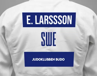 Judo GI with a backnumber showing the name Edvin Larssson from Judoklubben Budo