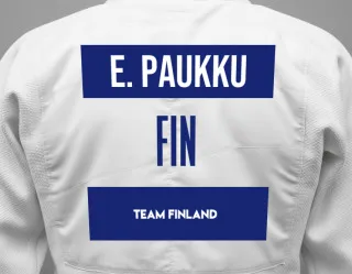 Judo GI with a backnumber showing the name Eelis Paukku from Team Finland