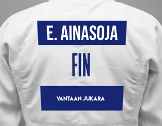 Judo GI with a backnumber showing the name Eemeli Ainasoja from Vantaan Jukara