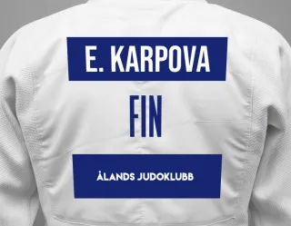 Judo GI with a backnumber showing the name Ekaterina Karpova from Ålands Judoklubb