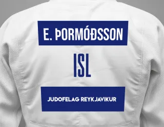 Judo GI with a backnumber showing the name Elías þormóðsson from Judofelag Reykjavikur