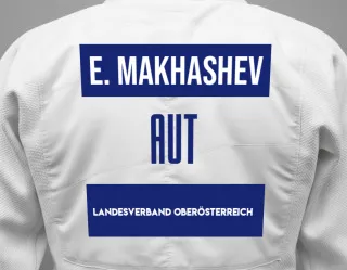 Judo GI with a backnumber showing the name Elbert Makhashev from Landesverband Oberösterreich