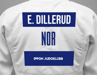 Judo GI with a backnumber showing the name Elena Dillerud from Ippon Judoklubb