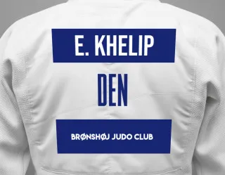 Judo GI with a backnumber showing the name Elias Khelip from Brønshøj Judo Club