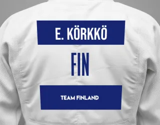Judo GI with a backnumber showing the name Elias Körkkö from Team Finland