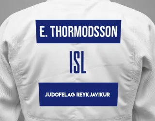 Judo GI with a backnumber showing the name Elias Thormodsson from Judofelag Reykjavikur