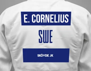 Judo GI with a backnumber showing the name Eliaz Cornelius from Skövde JK