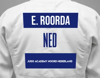 Judo GI with a backnumber showing the name Elin Roorda from Judo Academy Noord Nederland