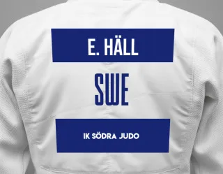 Judo GI with a backnumber showing the name Eliot Häll from IK Södra Judo
