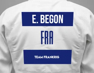 Judo GI with a backnumber showing the name Elise Begon from Team Frankrig