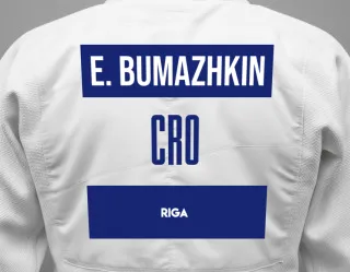 Judo GI with a backnumber showing the name Elisey Bumazhkin from Riga