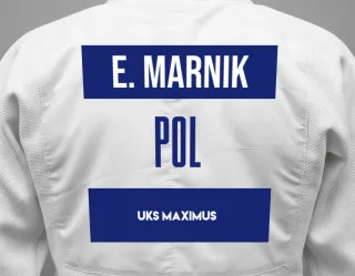 Judo GI with a backnumber showing the name Eliza Marnik from UKS MAXIMUS