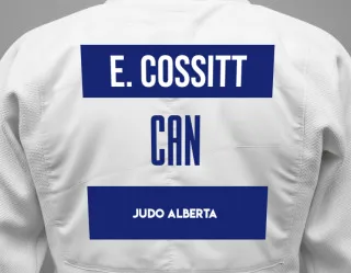 Judo GI with a backnumber showing the name Elizabeth Grace Katherine Cossitt from Judo Alberta