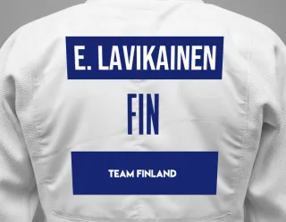 Judo GI with a backnumber showing the name Ella Lavikainen from Team Finland
