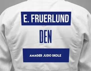 Judo GI with a backnumber showing the name Elliot Bladt Fruerlund from Amager Judo Skole