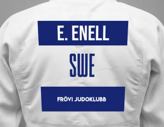 Judo GI with a backnumber showing the name Elliot Enell from Frövi Judoklubb