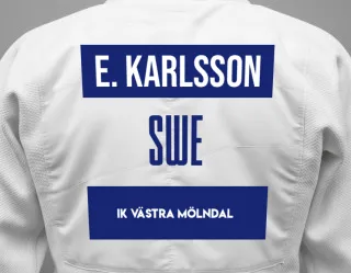 Judo GI with a backnumber showing the name Elliot Karlsson from IK Västra Mölndal