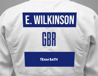 Judo GI with a backnumber showing the name Elliot Wilkinson from Team Bath
