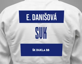 Judo GI with a backnumber showing the name Ema Danišová from ŠK DUKLA BB