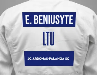 Judo GI with a backnumber showing the name Emeja Beniusyte from JC Ardonas-Palanga SC