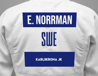 Judo GI with a backnumber showing the name Emelie Norrman from Karlskrona JK