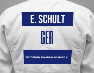 Judo GI with a backnumber showing the name Emely Schult from FSV Viktoria Brandenburg 1990 e. V.