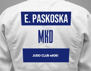 Judo GI with a backnumber showing the name Emilija Paskoska from Judo Club Mioki