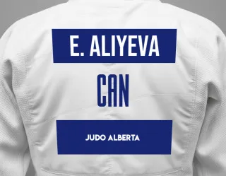Judo GI with a backnumber showing the name Emiliya Aliyeva from Judo Alberta