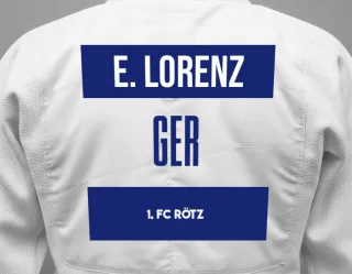 Judo GI with a backnumber showing the name Emily Lorenz from 1. FC Rötz