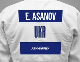 Judo GI with a backnumber showing the name Emir Asanov from Judo-Dnipro