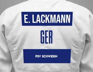 Judo GI with a backnumber showing the name Emma  Lackmann from PSV Schwerin