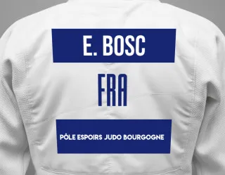 Judo GI with a backnumber showing the name Emma Bosc from Pôle Espoirs Judo Bourgogne