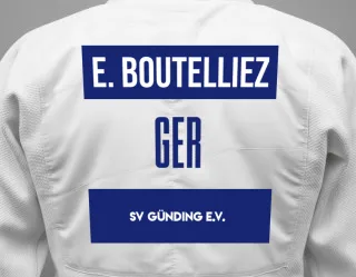Judo GI with a backnumber showing the name Emma Boutelliez from SV Günding e.V.