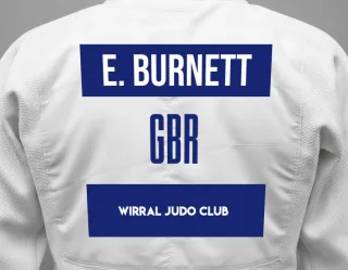 Judo GI with a backnumber showing the name Emma Burnett from Wirral Judo Club