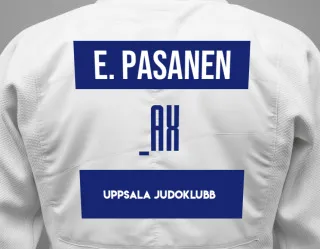 Judo GI with a backnumber showing the name Emma Pasanen from Uppsala judoklubb