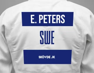 Judo GI with a backnumber showing the name Emma Peters from Skövde JK