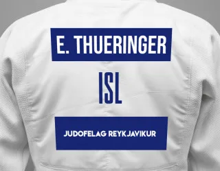 Judo GI with a backnumber showing the name Emma Thueringer from Judofelag Reykjavikur