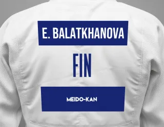 Judo GI with a backnumber showing the name Enisa Balatkhanova from Meido-Kan