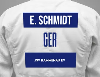 Judo GI with a backnumber showing the name Eric Schmidt from JSV Rammenau eV